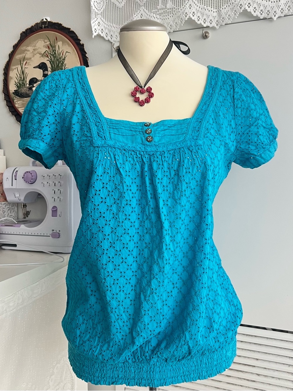 Esprit Women’s Y2K Teal Turquoise Eyelet Puff-Sleeve square neck Top